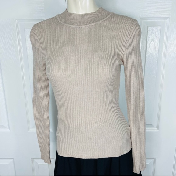 PRIMARK ribbed woven knit long sleeve top neutral color taupe cream XS - Picture 6 of 7